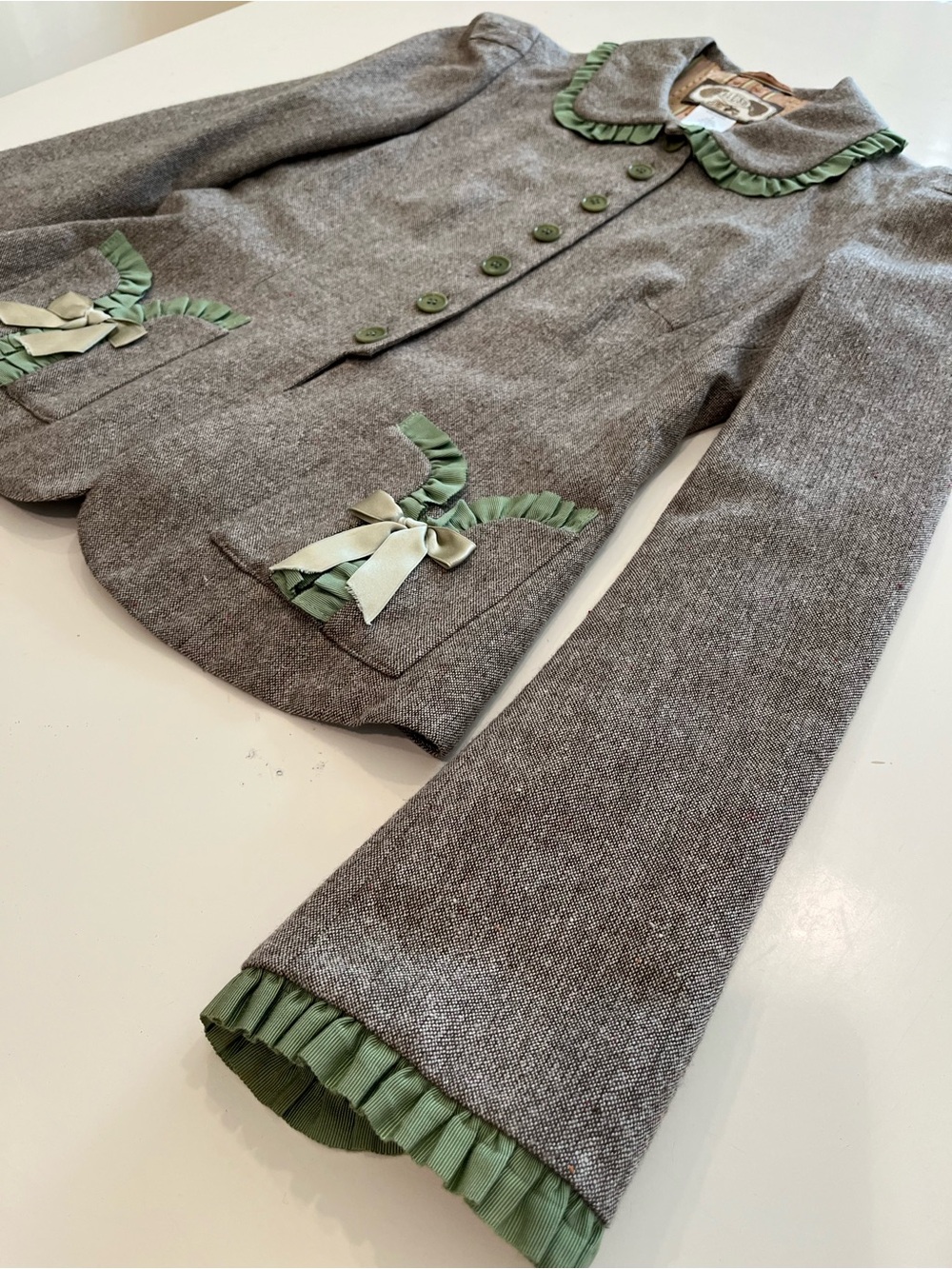 Y2K Blush (Anthropologie) Gray Tweed Jacket with Mint Green Ruffle and Bow Trim